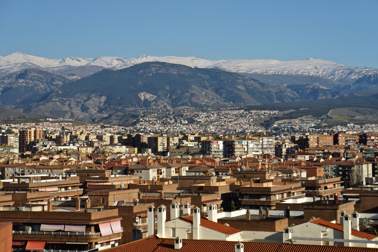 Grenada City view with Sierra Nevada mountains as seen from our 7th floor hotel room.
